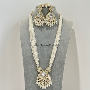 Ensemble de collier long Kundan polki non coupé de perles/sautoir or/Rani haar/mariage indien, collier de perles cadeau de demoiselle d'honneur Bollywood