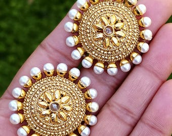 Pearl Gold Large Stud Earrings/Indian Studs/Indian Tops Earrings/Gold studs/Bridal Jewelry/Indian wedding collection Length 1.2 inches