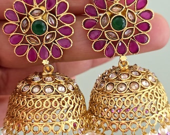 Ruby Green Gold Polki Stone Jhumka, Gold-plated Dangler Earrings/Brass Jhumkas/Ethnic earrings/Trendy earrings/Statement earrings