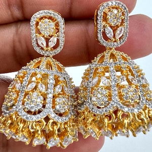Cubic Zirconia Jhumki mit 2-Ton-Überzug, CZ Diamant Jhumka / CZ Indian Jhumka / Pakistanischer Schmuck / indische Hochzeit / Geschenk für sie