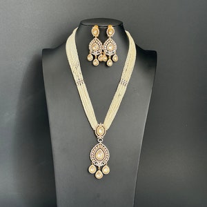 White Pearl kundan CZ long Necklace ,CZ Diamond Long Necklace/Indian Long Necklace/Indian wedding/Bridal jewelry/Pakistani/Punjabi
