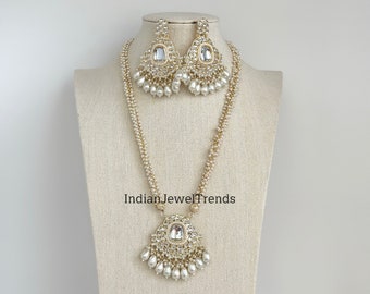 Pearl Kundan Long Necklace set/Indian Jewelry/Gold Long necklace/Rani haar/Indian wedding /Bridal Pearl necklace Bollywood Bridesmaid Gift