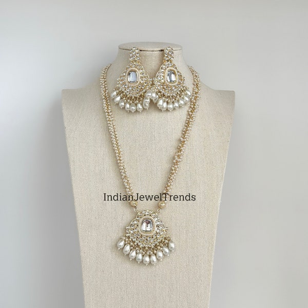 Pearl Kundan Long Necklace set/Indian Jewelry/Gold Long necklace/Rani haar/Indian wedding /Bridal Pearl necklace Bollywood Bridesmaid Gift