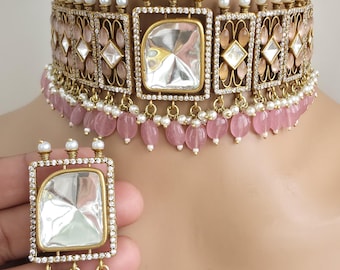 Pink Victorian Moissanite polki Cz diamond choker Necklace,Indian Bridal Jewelry,Bollywood Sabyasachi Designer necklace, Pakistani Wedding