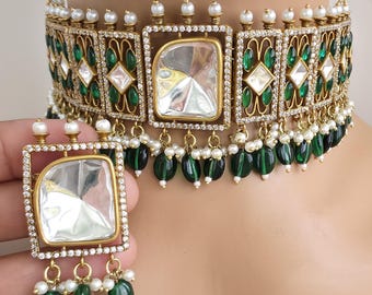 Green Victorian Moissanite polki Cz diamond choker Necklace,Indian Bridal Jewelry,Bollywood Sabyasachi Designer necklace, Pakistani Wedding