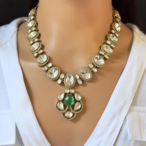 Green victorian uncut Polki Kundan necklace, Sabyasachi Designer necklace, Bollywood, Indian Pakistani Jewelry for Wedding, Bridal