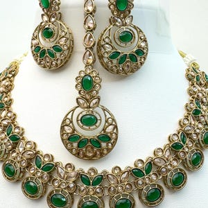 Green Antique Polki Kundan Necklace Set, Indian Pakistani jewelry for wedding, bridal necklace, wedding jewelry