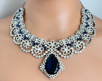 Naszyjnik z diamentami Sapphire CZ, naszyjnik ślubny, biżuteria indyjska, biżuteria pakistańska, indyjski ślub Bollywood