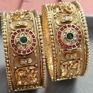 Handmade Gold Plated Bangles: Ruby Green Gemstone Kada, Indian Wedding Jewelry