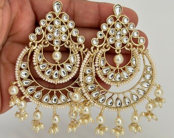 White gold Pearl Kundan chandbali Earrings, White chandbali earrings, Indian pakistani wedding jewelry, bridesmaid gift