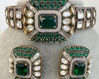 Green Victorian Polki Kundan CZ Necklace Choker/Designer Bollywood Jewelry/Statement Bridal jewelry/Indian Wedding/Pakistani/Punjabi Jewelry
