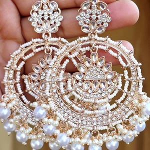 White Rose Gold Bollywood Stone Kundan Chandbali Earrings, Stone earrings, Indian Kundan Earrings,Pakistani Punjabi earrings, Indian wedding image 1