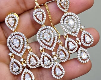 Zestaw złotych amerykańskich kolczyków z diamentami Tikka – indyjska biżuteria Bollywood