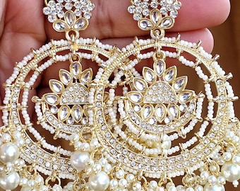 Kundan Chandbali Earrings, Bollywood Style, Indian Pakistani Wedding Jewelry