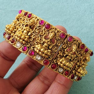 Ruby Goddess Laxmi Gold Single Cuff Kada bangle 1pc,Indian Amrapali bangles,Antique bangles,Temple Jewelry, Stretchable Cuff Bracelet
