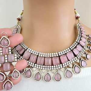 Pink Victorian Monalisa Cz diamond Necklace, Indian Bridal Jewelry, Bollywood Sabyasachi Designer necklace, Pakistani Wedding
