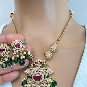 RubyGreen CZ Polki Kundan Necklace/Kundan Necklace/South Indian Jewelry/Indian gold necklace/ Polki necklace/bridal necklace/indian wedding