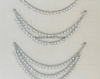 Silver Pearl Ear Chain pair/Sahare/Pearl kaan chain/Earring support chain/Indian Jewelry/Pakistani Jewelry/Bahubali Eaarrings/sahara 2pcs