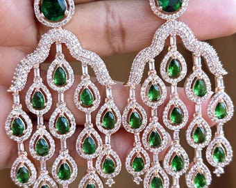 Green Rose Gold Diamond Earrings/CZ earrings/Statement Earrings/CZ Earrings/ Indian Jewelry/ Sabyasachi Earrings/ Indian earrings