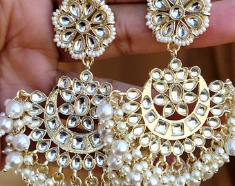 Pearl Kundan Chandbali Earrings, Gold Plated Indian Jewelry