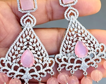 Pink American Diamond earrings/Indian Jewelry/Pakistani Jewelry/Bollywood Jewelry/CZ earrings/AD earring/Statement earring/Gift for her
