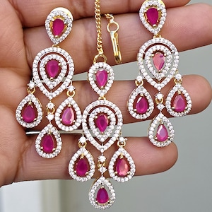 Ruby Small Gold American Diamond Earring Tikka Set/Indian Jewelry/Pakistani Jewelry/Bollywood Jewelry/CZ earrings/AD earrings/Statement
