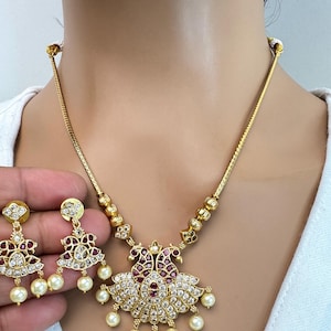 Ruby Kemp CZ Polki Necklace, Indian Jewelry, indian wedding necklace, bridal jewelry, Punjabi Pakistani South Indian necklace, Peacock Set