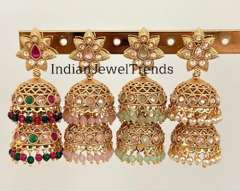 Gold Polki Jhumka, stone Jhumka, Indian Jewelry, Jhumka earrings, Gold earrings, double Jhumka earrings