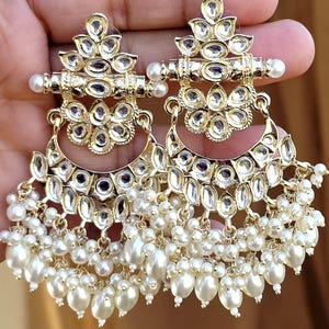 Pendientes Kundan de Bollywood/Pendientes indios/Pendientes de perla/Pendientes pakistaníes/Pendientes llamativos/Lámpara de araña larga/Pendientes de novia/Boda india