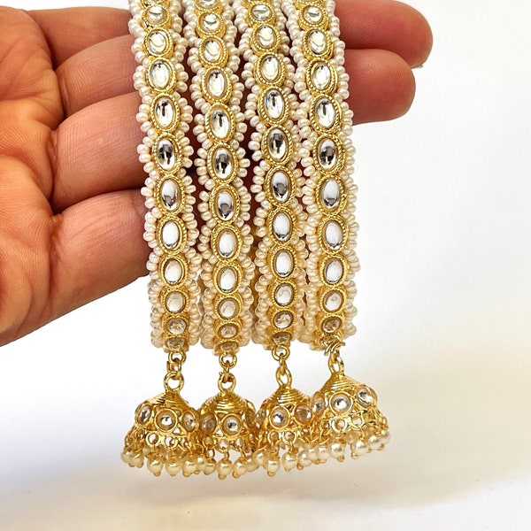 Restocked Bollywood Style Kundan Pearl Jhumka Bangles Set(4 Pc)/Indian bangles/Punjabi Pearl bangles/Bridal bangles/wedding/Jhumka bangles