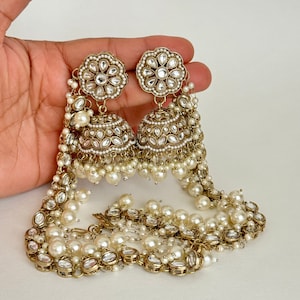 Kundan Pearl bahubali jhumka, Kundan jhumnka, bahubali earrings, Pearl jewelry for wedding, indian pakistani jewelry