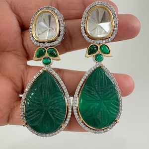 CZ American Diamond Carved stone Sabhyasachi earrings/Indian Jewelry/Pakistani Jewelry/Bollywood Jewelry/Statement earrings/Gift for her