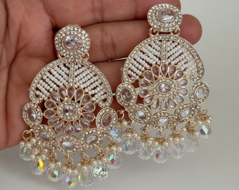 Polki Stone Kundan chandbali Earrings/Kundan Stone Chandbali/Indian Earrings/pearl Earring/Pakistani Earrings/Statement Earrings