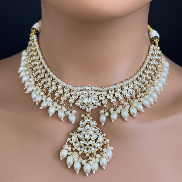 White Pearl Kundan Necklace Set/Kundan Bollywood Jewelry/Indian jewelry/ Pakistani necklace/ punjabi necklace/bridal necklace/indian wedding