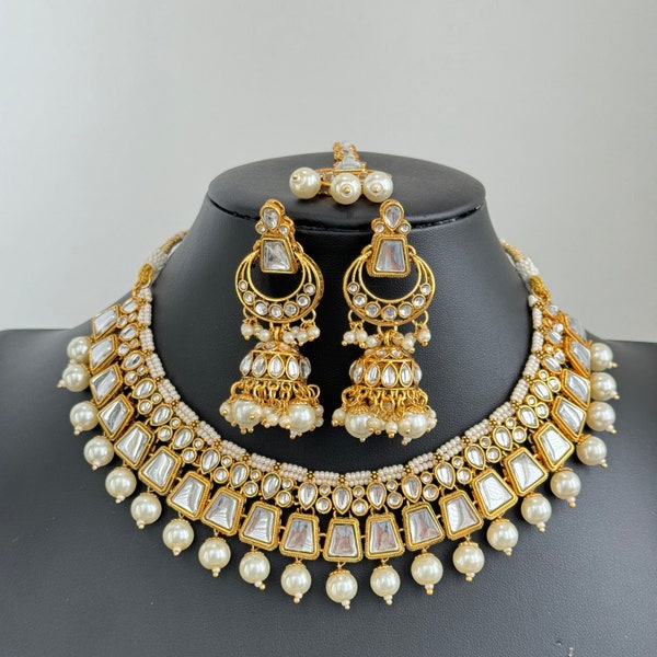 Ensemble de colliers Kundan blancs, tour de cou Kundan en perles, bijoux indiens pakistanais pour mariage, bijoux de demoiselle d'honneur, rouge, violet, lavande et bleu