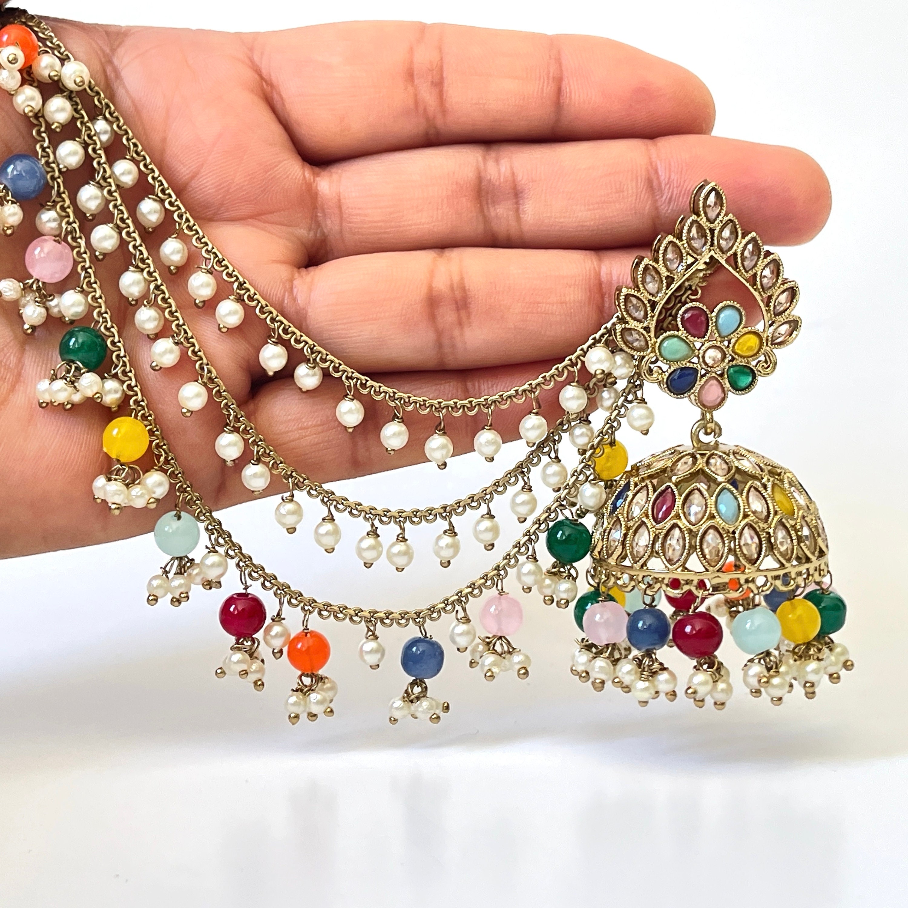 Bahubali style hold jhumki tikka with 5 layers of pearl Sahare Harini –  Bawaries