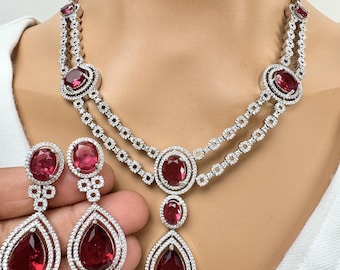 Collier de mariée en rubis et diamants CZ, bijoux de mariage indiens