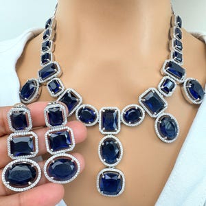 Blue Silver CZ Diamond necklace, American Diamond Necklace,Indian pakistani jewelry for wedding, gift for her, bridal jewelry