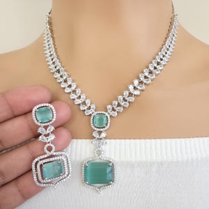Mint Green Silver CZ Diamond necklace, American Diamond Necklace,Indian pakistani jewelry for wedding, gift for her, bridal jewelry