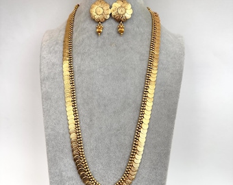 Antique Gold Long Necklace/Indian Necklace/South Indian Necklace/Long Necklace/ Indian Jewelry/Kasu mala/ long Haram