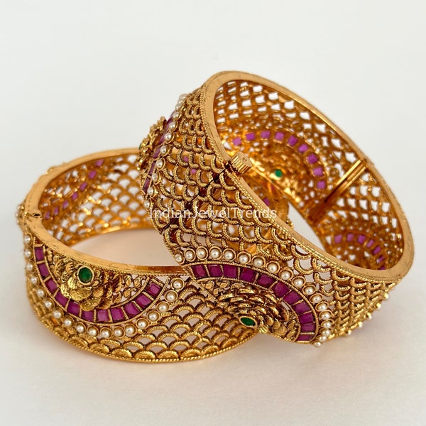 RubyGreen Antique Gold Single Kada bangle 1pc,Indian Amrapali bangles,Antique bangles,Temple Jewelry, South indian bangles, Bridal Bangles,