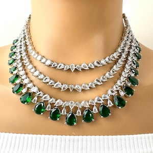 Emerald CZ diamond Triple Layered bridal necklace, American Diamond wedding necklace, Cz jewelry, Indian, Pakistani, Punjabi wedding jewelry