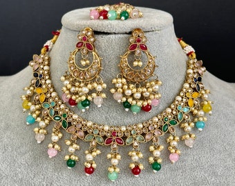 Multi Antique Polki Kundan necklace set/Statement necklace/Indian Jewelry/Pakistani Jewelry set/Weddings/Bridal necklace/Indian necklace
