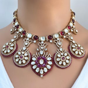 Ruby Moissanite Polki Fusion Necklace, Sabyasachi Necklace, Wedding Necklace, Semi Precious Jewelry, Bollywood Celebrity Necklace, Pakistani