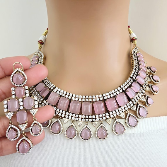 Pink Victorian Monalisa Cz Diamond Necklace, Indian Bridal Jewelry
