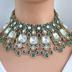 Green Bridal Mossinate Polki Victorian Necklace, Sabyasachi Necklace, Wedding necklace, Semi Precious Jewelry, Bollywood Celebrity Necklace