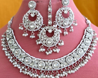Silver White Pearl Shadow Stone Necklace, Kundan Necklace, Indian jewelry, Pakistani necklace, Punjabi necklace, bridal, indian wedding
