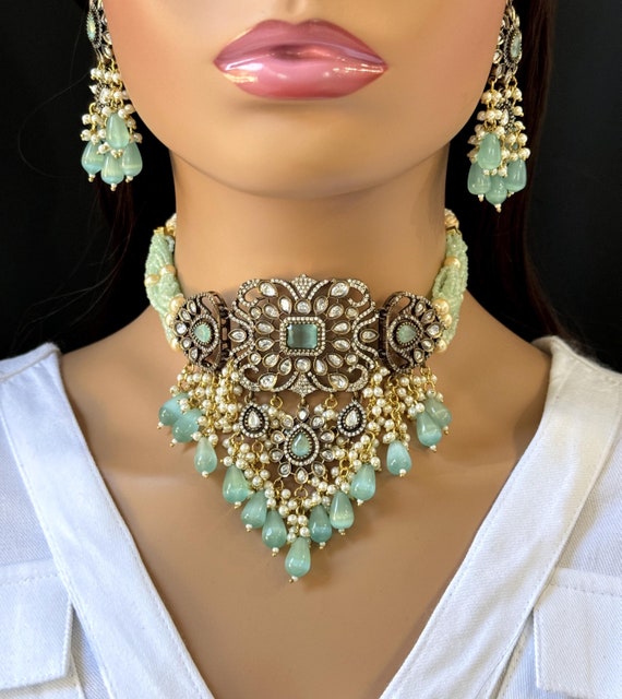 IndianJewelTrends Mint Pista Green Victorian Polki Kundan Choker Sabyasachi Designer Necklace Bollywood Indian Pakistani Jewelry for Wedding Bridal Jewelry