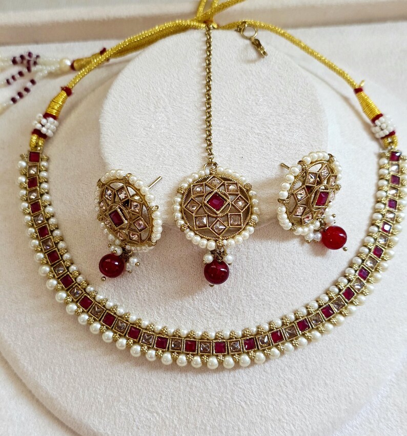 Ruby Antique Polki Kundan Necklace set, Indian necklace,Antique Dull Gold necklace, Indian,Pakistani Jewelry,Indian Wedding,Bridal set image 6