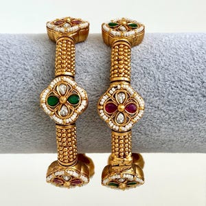 Set of 2 RubyGreen openable Gold Bangles/ Indian Pearl Bangles/Pakistani jewelry/Rajwadi bangles Ruby Green Kada Indian Wedding jewelry